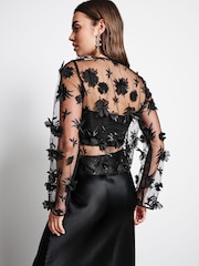Black 3D Floral Long Sleeve Mesh Top - Image 4 of 8