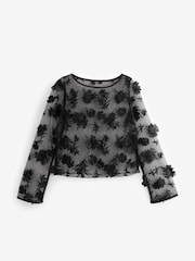 Black 3D Floral Long Sleeve Mesh Top - Image 6 of 8