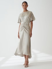 Silver Ruched Satin Crinkle Midi Dress - Image 1 of 5