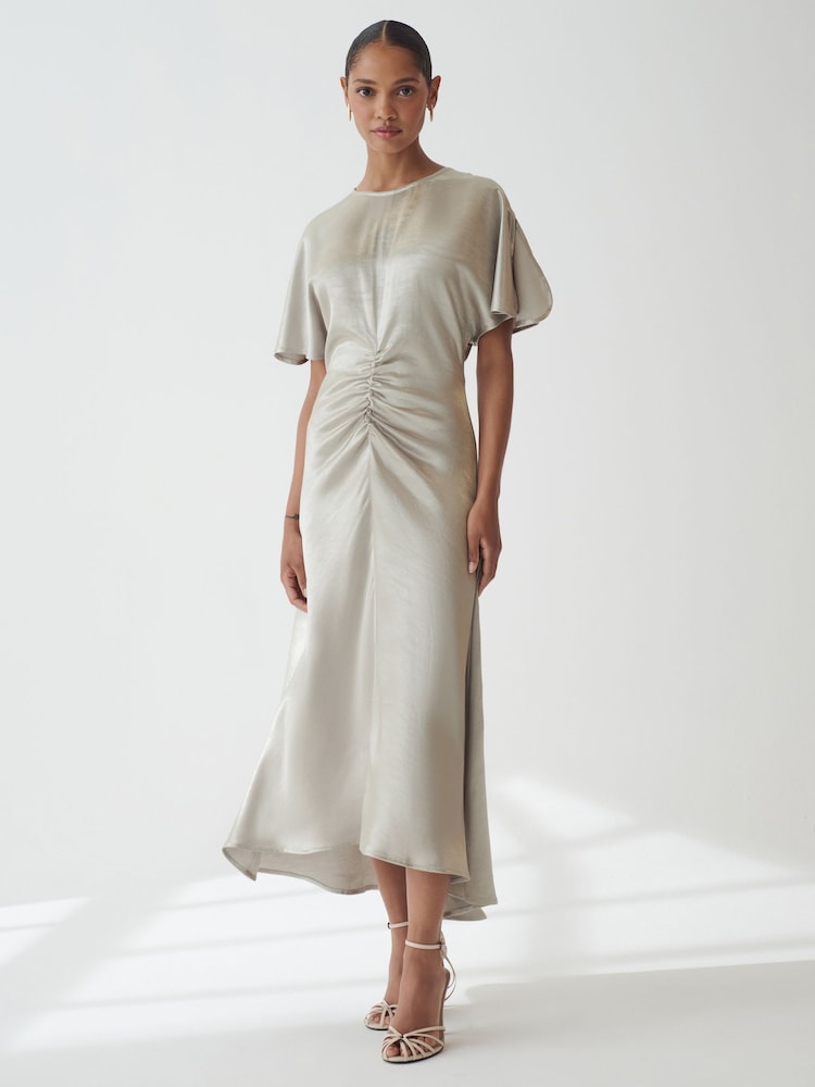 Silver Ruched Satin Crinkle Midi Dress - Image 1 of 5