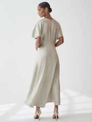 Silver Ruched Satin Crinkle Midi Dress - Image 2 of 5