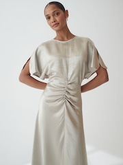 Silver Ruched Satin Crinkle Midi Dress - Image 3 of 5