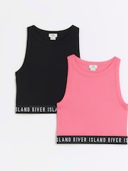 River Island Pink Girls Waistband Rib 100% Cotton Tanks 2 Pack - Image 1 of 4