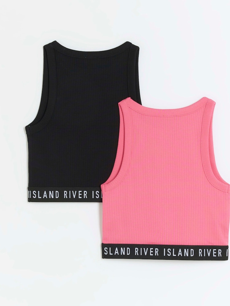 River Island Pink Girls Waistband Rib 100% Cotton Tanks 2 Pack - Image 2 of 4 River Island Pink Girls Waistband Rib 100% Cotton Tanks 2 Pack - Image 2 of 4