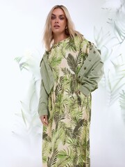 Yours Curve Green Tropical Print Pure Cotton Midaxi Dress - Image 1 of 5