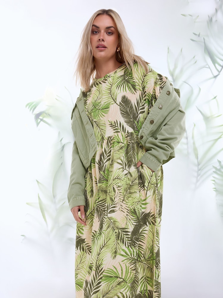 Yours Curve Green Tropical Print Pure Cotton Midaxi Dress - Image 1 of 5