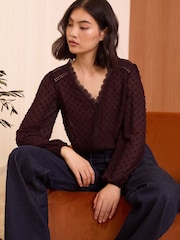 Love & Roses Berry Red V Neck Lace Trim Dobby Blouse - Image 1 of 4