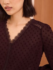 Love & Roses Berry Red V Neck Lace Trim Dobby Blouse - Image 3 of 4