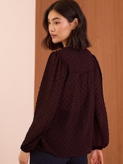 Love & Roses Berry Red V Neck Lace Trim Dobby Blouse - Image 4 of 4