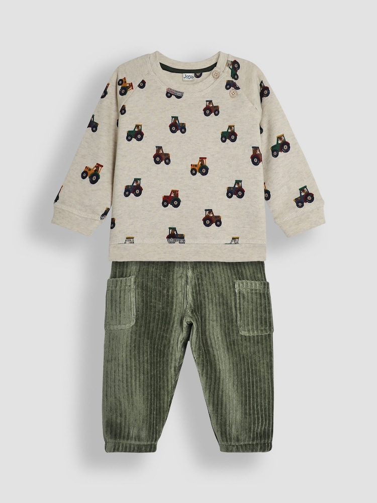 JoJo Maman Bébé Natural Tractor Tiger Print Sweatshirt & Velour Cargo Jogger Set - Image 1 of 5