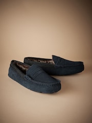 Navy Blue Signature Suede Faux Fur Lined Moccasin Slippers - Image 1 of 5