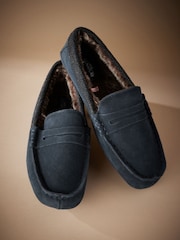 Navy Blue Signature Suede Faux Fur Lined Moccasin Slippers - Image 2 of 5