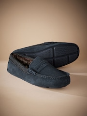 Navy Blue Signature Suede Faux Fur Lined Moccasin Slippers - Image 3 of 5