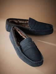 Navy Blue Signature Suede Faux Fur Lined Moccasin Slippers - Image 5 of 5