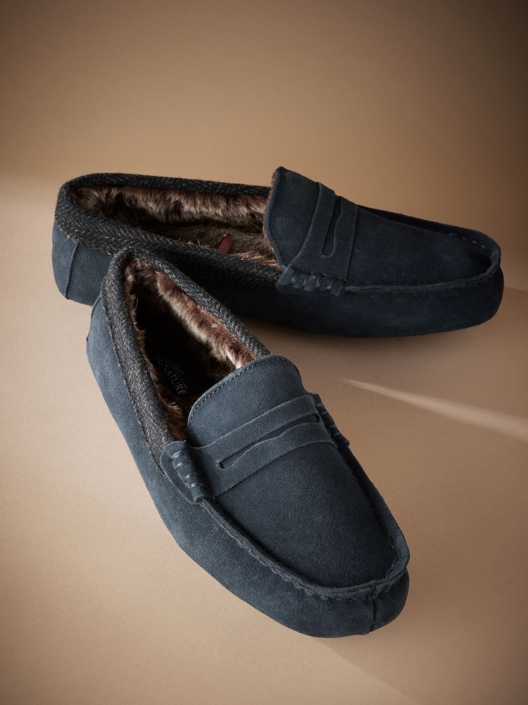 Navy Blue Signature Suede Faux Fur Lined Moccasin Slippers - Image 5 of 5