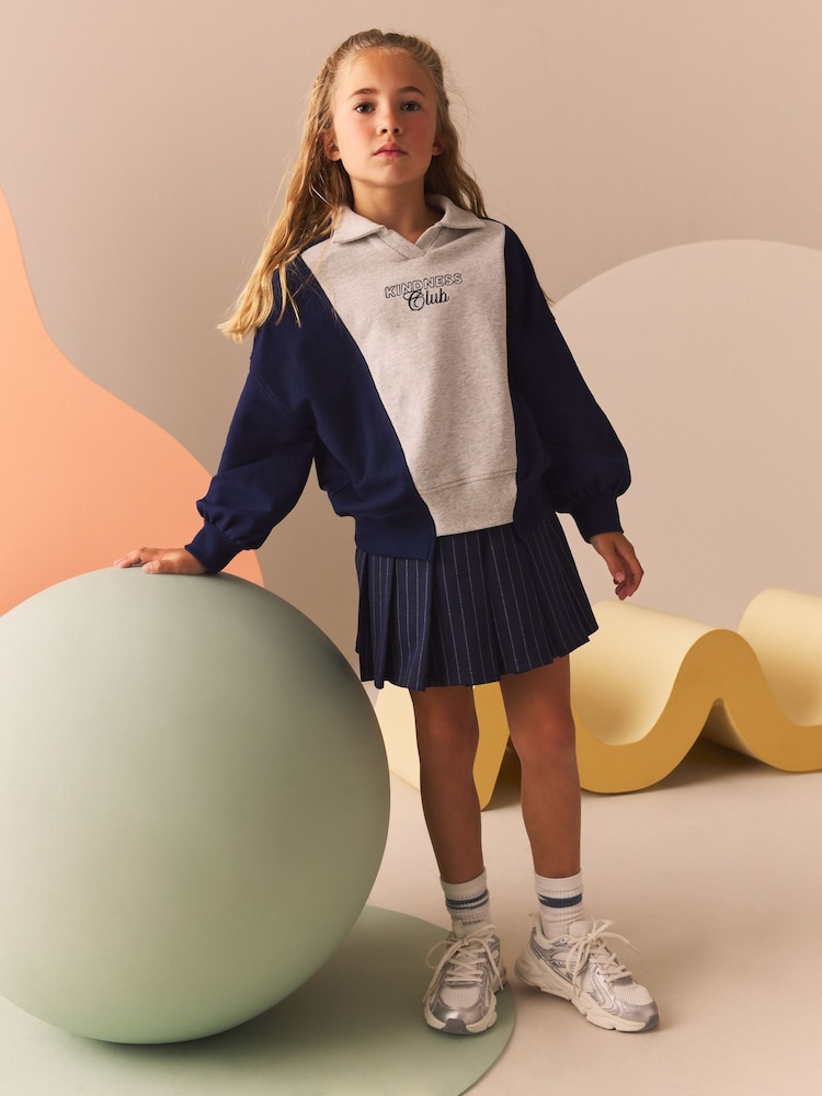 Navy/Grey 100% Cotton Sweatshirt And Pleated Pinstripe Skort Set (3-16yrs) - Image 1 of 7