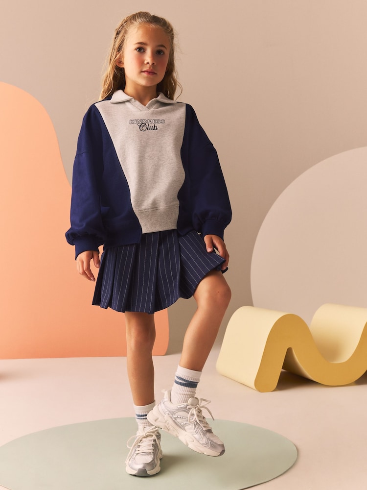 Navy/Grey 100% Cotton Sweatshirt And Pleated Pinstripe Skort Set (3-16yrs) - Image 2 of 7
