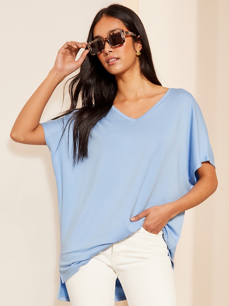 Friends Like These Cornflower Blue Short Sleeve V Neck Tunic Top - Image 1 of 4 Friends Like These Cornflower Blue Short Sleeve V Neck Tunic Top - Image 1 of 4