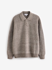 Neutral Relaxed Fit Rib Texture Polo Neck Jumper with Wool - Image 1 of 3