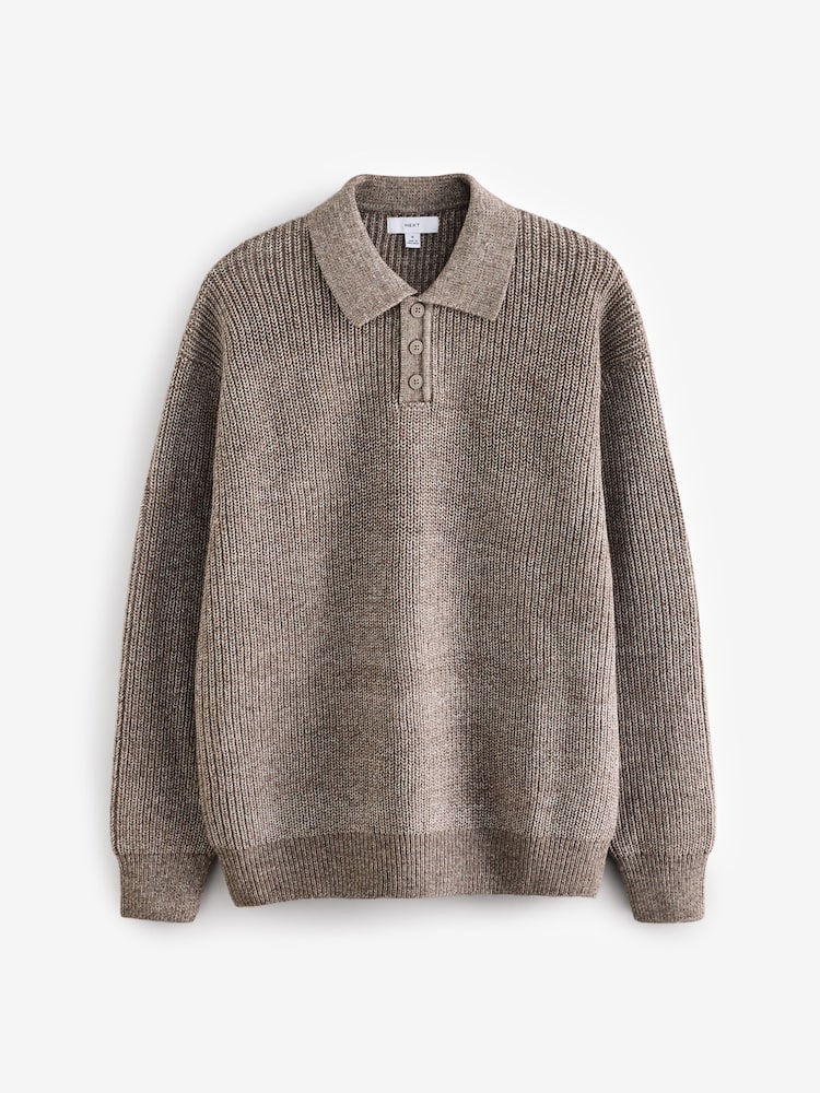 Neutral Relaxed Fit Rib Texture Polo Neck Jumper with Wool - Image 1 of 3
