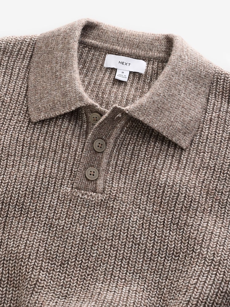 Neutral Relaxed Fit Rib Texture Polo Neck Jumper with Wool - Image 2 of 3