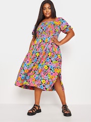 Yours Curve Black Floral Print Shirred Midi Dress - Image 1 of 5
