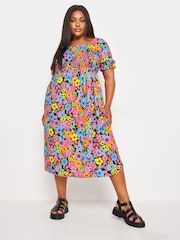 Yours Curve Black Floral Print Shirred Midi Dress - Image 2 of 5