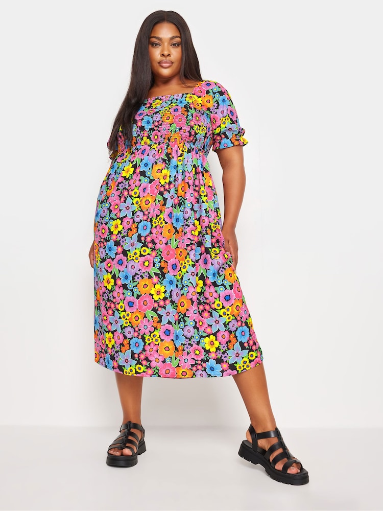 Yours Curve Black Floral Print Shirred Midi Dress - Image 2 of 5