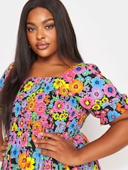 Yours Curve Black Floral Print Shirred Midi Dress - Image 4 of 5