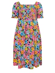 Yours Curve Black Floral Print Shirred Midi Dress - Image 5 of 5