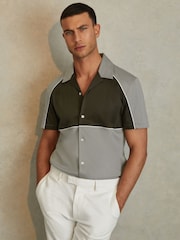 Reiss Sage Green Gino Mercerised Cotton Colourblock Cuban Collar Shirt - Image 1 of 5