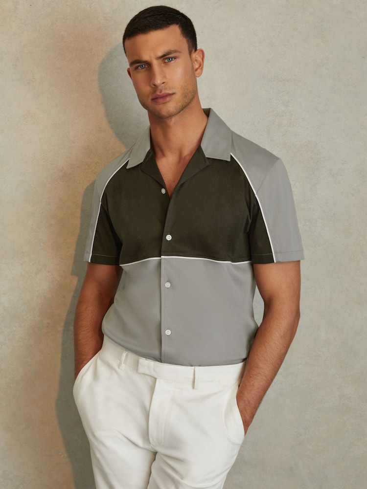 Reiss Sage Green Gino Mercerised Cotton Colourblock Cuban Collar Shirt - Image 1 of 5