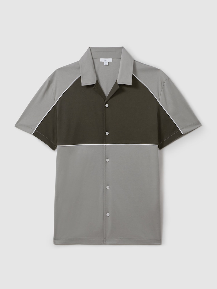 Reiss Sage Green Gino Mercerised Cotton Colourblock Cuban Collar Shirt - Image 2 of 5
