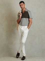 Reiss Sage Green Gino Mercerised Cotton Colourblock Cuban Collar Shirt - Image 3 of 5