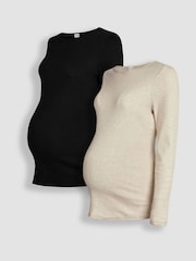 JoJo Maman Bébé Oatmeal Cream & Black 2-Pack Ribbed Jersey Maternity Tops - Image 1 of 11