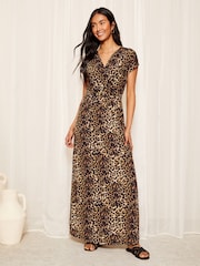 Friends Like These Brown Short Sleeve Wrap V Neck Tie Waist Summer Maxi Dress - Image 3 of 4