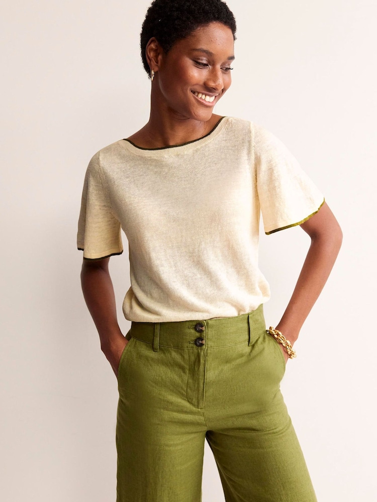 Boden Cream Maggie V-Neck 100% Linen T-Shirt - Image 1 of 6