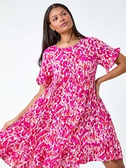 Roman Pink Abstract Print Tiered Smock Dress - Image 4 of 5