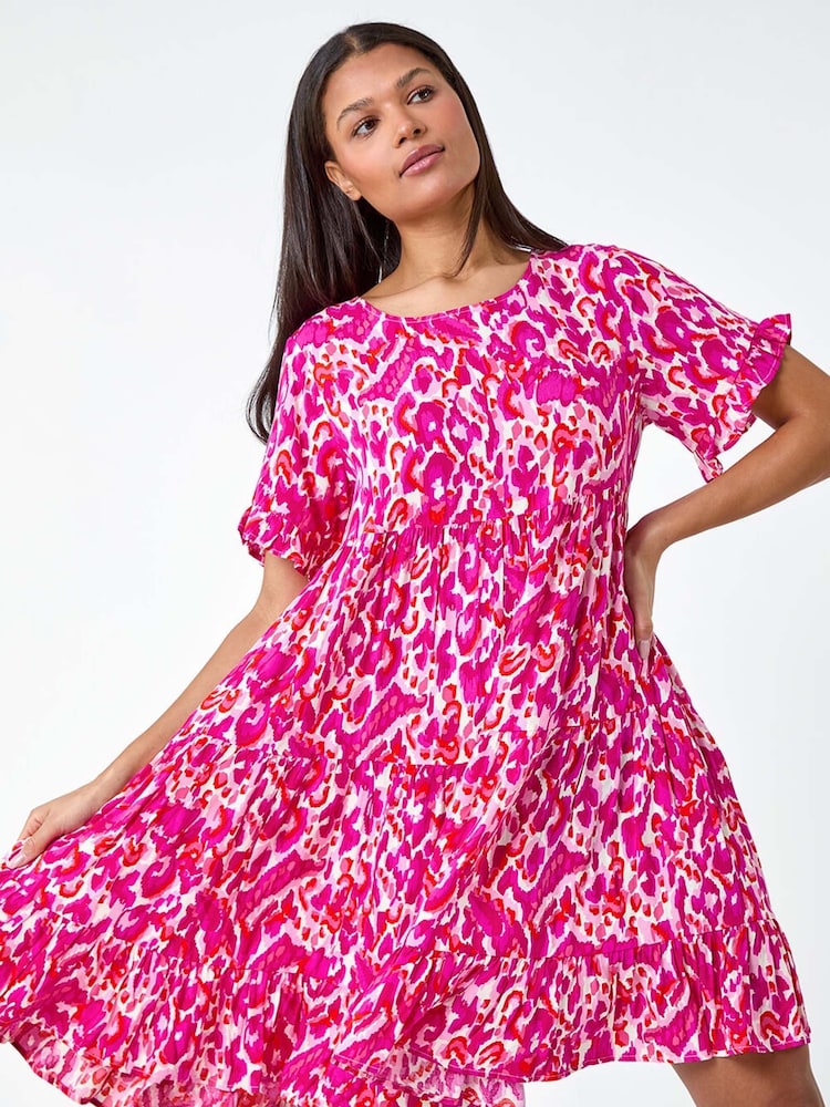 Roman Pink Abstract Print Tiered Smock Dress - Image 4 of 5