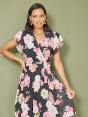 Mela Black Floral Print Pleated Wrap Skater Dress - Image 2 of 5