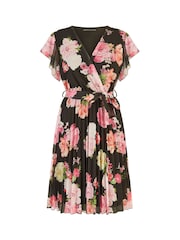 Mela Black Floral Print Pleated Wrap Skater Dress - Image 5 of 5