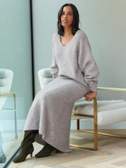 Neutral Brown Mole Relaxed Fit Soft Touch V-Neck Knitted Jumper with Wool - Image 1 of 7