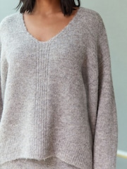 Neutral Brown Mole Relaxed Fit Soft Touch V-Neck Knitted Jumper with Wool - Image 4 of 7