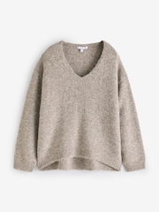 Neutral Brown Mole Relaxed Fit Soft Touch V-Neck Knitted Jumper with Wool - Image 6 of 7