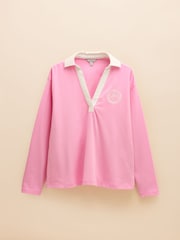 Joules Tallie Pink Long Sleeve Combed Cotton Collared Top - Image 6 of 6