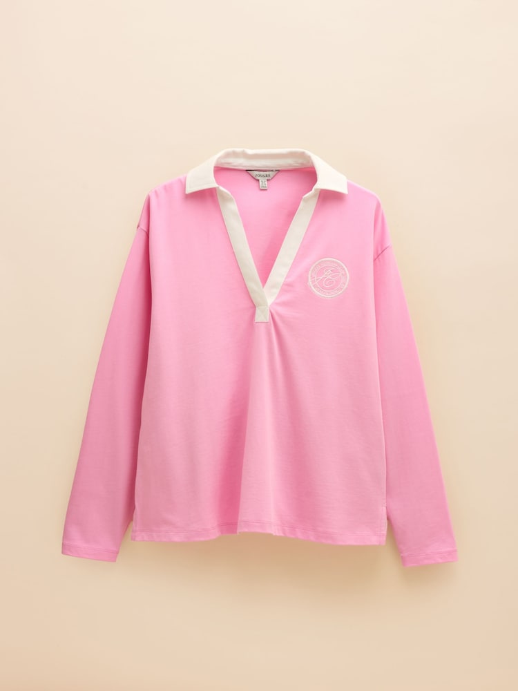 Joules Tallie Pink Long Sleeve Combed Cotton Collared Top - Image 6 of 6