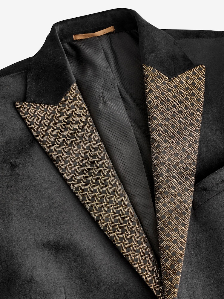 Black/Gold Lapel Geo Detail Velvet Blazer - Image 10 of 12