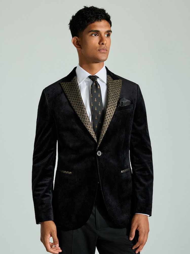Black/Gold Lapel Geo Detail Velvet Blazer - Image 3 of 12
