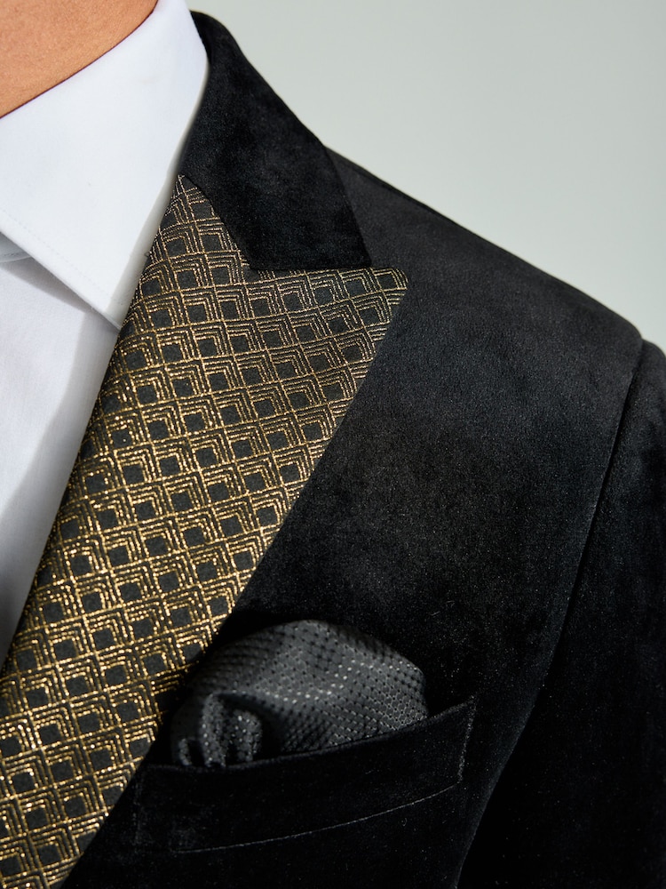 Black/Gold Lapel Geo Detail Velvet Blazer - Image 5 of 12