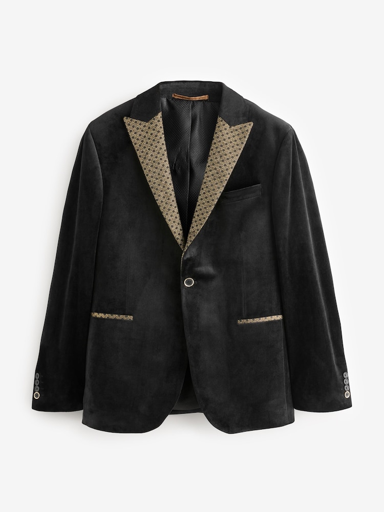Black/Gold Lapel Geo Detail Velvet Blazer - Image 9 of 12